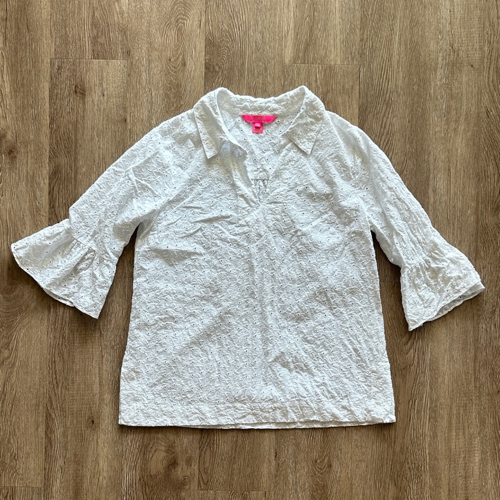 Lilly Pulitzer Ginger Top Fishy Eyelet‎ Resort White Small Cotton Preppy
